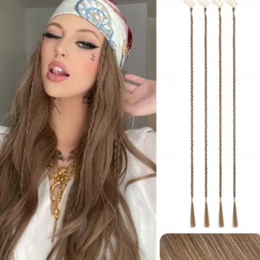 Braid Hair Extensions 4 PCS Baby Braids Front Side Bang Curtain Bang Clip in Hair Extensions Long Braided Hair Piece Natural Soft Synthetic Hair for Women Daily Wear 20 Inch Cool Light Blonde