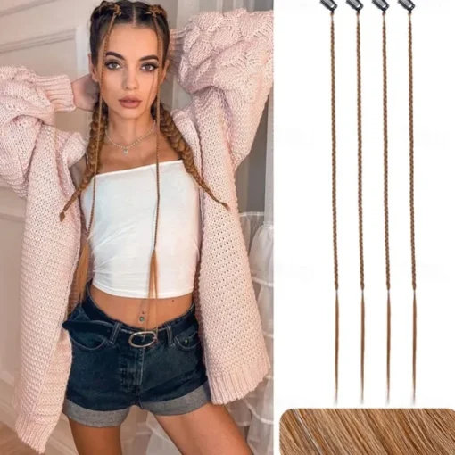 Braid Hair Extensions 4 PCS Baby Braids Front Side Bang Curtain Bang Clip in Hair Extensions Long Braided Hair Piece Natural Soft Synthetic Hair for Women Daily Wear 20 Inch Cool Light Blonde