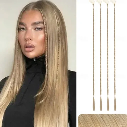 Braid Hair Extensions 4 PCS Baby Braids Front Side Bang Curtain Bang Clip in Hair Extensions Long Braided Hair Piece Natural Soft Synthetic Hair for Women Daily Wear 20 Inch Cool Light Blonde