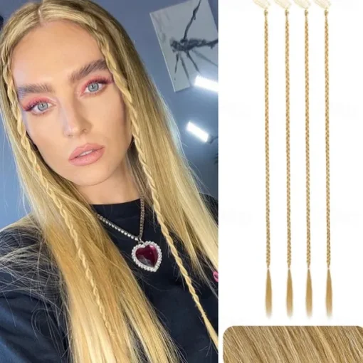 Braid Hair Extensions 4 PCS Baby Braids Front Side Bang Curtain Bang Clip in Hair Extensions Long Braided Hair Piece Natural Soft Synthetic Hair for Women Daily Wear 20 Inch Cool Light Blonde