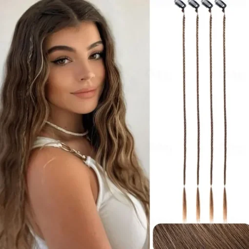 Braid Hair Extensions 4 PCS Baby Braids Front Side Bang Curtain Bang Clip in Hair Extensions Long Braided Hair Piece Natural Soft Synthetic Hair for Women Daily Wear 20 Inch Cool Light Blonde