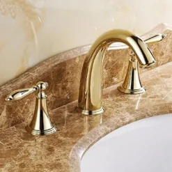 Brass Bathroom Sink Faucet,Widespread Two Handles Three Holes Bathroom Faucet with Valve and Hot/Cold Switch