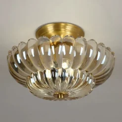 Brass Ceiling Light 30cm E14 3-Light Ceiling Light Fixture with Glass Shade Vintage Home Entryway Flush Mount Ceiling Light Bathroom Close to Ceiling Light Fixtures 110-240V