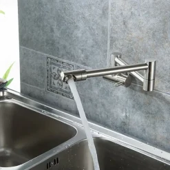 Brass Kitchen Faucet, Wall Mounted Pot Filler Single Handle One Hole Nickel Brushed Rotatable and Pre Rinse Kitchen Taps with Cold Water Only