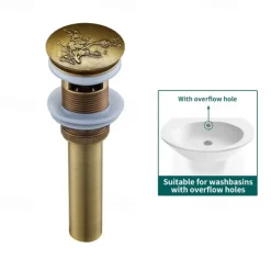 Brass Pop Up Sink Drain Stopper with Overflow Bathroom Faucet Vessel Vanity Sink Drainer