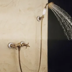 Brass Shower Faucet Set,Two Handles One Hole Wall Installation Waterfall Portable Spray Pull out Handshower with Cold/Hot Water