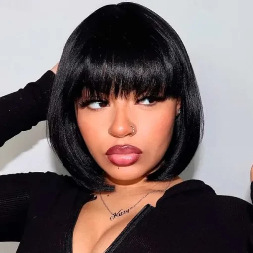 Brazilian Human Hair Wig with Bangs Remy Straight Hair Bob Wigs Full Machine Made Wig for Women 8-14Inches Glueless Bob Wig