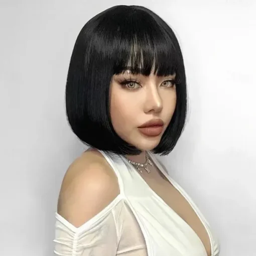 Brazilian Human Hair Wig with Bangs Remy Straight Hair Bob Wigs Full Machine Made Wig for Women 8-14Inches Glueless Bob Wig