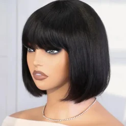 Brazilian Human Hair Wig with Bangs Remy Straight Hair Bob Wigs Full Machine Made Wig for Women 8-14Inches Glueless Bob Wig