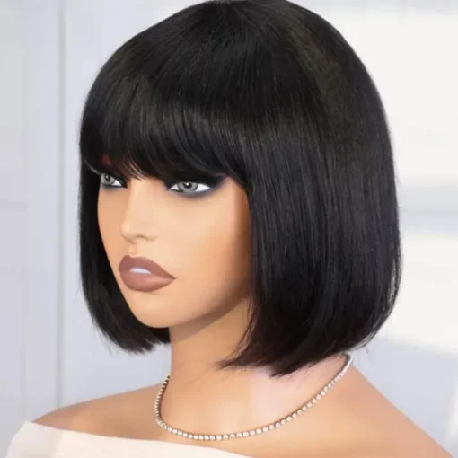 Brazilian Human Hair Wig with Bangs Remy Straight Hair Bob Wigs Full Machine Made Wig for Women 8-14Inches Glueless Bob Wig