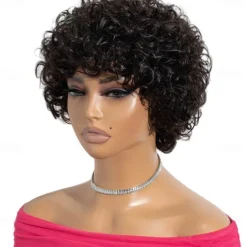 Brazilian Short Pixie Afro Kinky Curly Wigs for Women Glueless Brown Colored Hair Bob Wig With Bangs 6 inch Human Hair Wig