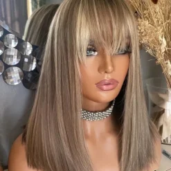 Brazilian Virgin Hair Straight Highlight Colored Glueless 5x5 Lace Closure wigs with Bangs 13x4 Lace Front Wig for Women