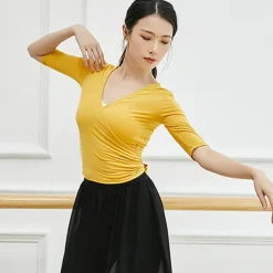 Breathable Ballet Top Ruching Bandage Solid Women's Training Performance Half Sleeve Modal