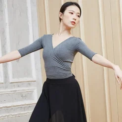 Breathable Ballet Top Ruching Bandage Solid Women's Training Performance Half Sleeve Modal