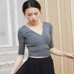 Breathable Ballet Top Ruching Bandage Solid Women's Training Performance Half Sleeve Modal