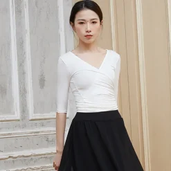 Breathable Ballet Top Ruching Bandage Solid Women's Training Performance Half Sleeve Modal