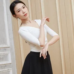 Breathable Ballet Top Ruching Bandage Solid Women's Training Performance Half Sleeve Modal