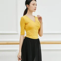 Breathable Ballet Top Ruching Bandage Solid Women's Training Performance Half Sleeve Modal