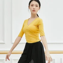 Breathable Ballet Top Ruching Bandage Solid Women's Training Performance Half Sleeve Modal