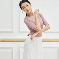 Breathable Ballet Top Ruching Bandage Solid Women's Training Performance Half Sleeve Modal