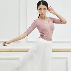 Breathable Ballet Top Ruching Bandage Solid Women's Training Performance Half Sleeve Modal
