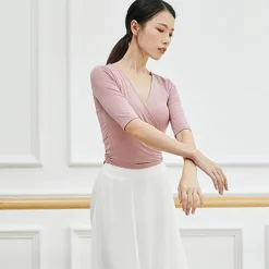 Breathable Ballet Top Ruching Bandage Solid Women's Training Performance Half Sleeve Modal