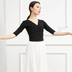 Breathable Ballet Top Ruching Bandage Solid Women's Training Performance Half Sleeve Modal