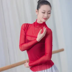 Breathable Ballet Top Split Joint Women's Training Performance Long Sleeve Tulle