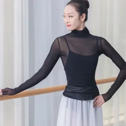 Breathable Ballet Top Split Joint Women's Training Performance Long Sleeve Tulle