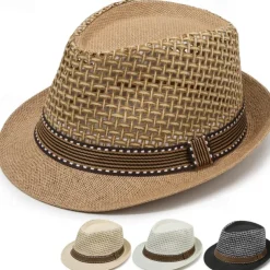 Breathable Sun Hat Men's Straw Hat With Mesh Stitching British Retro Jazz Hat Sun Hat
