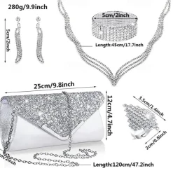 Bride Fashion Diamond Necklace Earrings Bracelet Ring Pu Sequin Handheld Bag Dinner Bag Set of Five