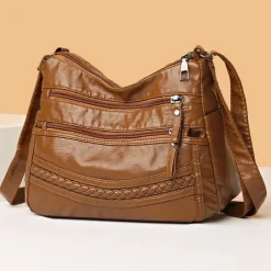 Brown Faux Leather Crossbody Bag for Women - Multi-Zip Casual Handbag with Adjustable Strap and Braided Accent, Perfect for Everyday Use and Travel