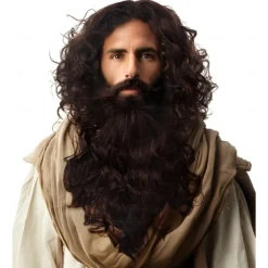 Brown Jesus Wizard Curly Wig And Beard Halloween Funny Cosplay Costume Accessory for Adults