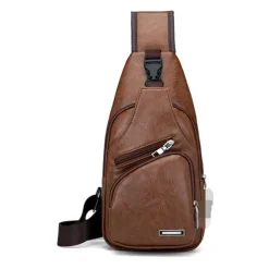 Brown Leather Crossbody Bag with Multiple Zippered Pockets for Men