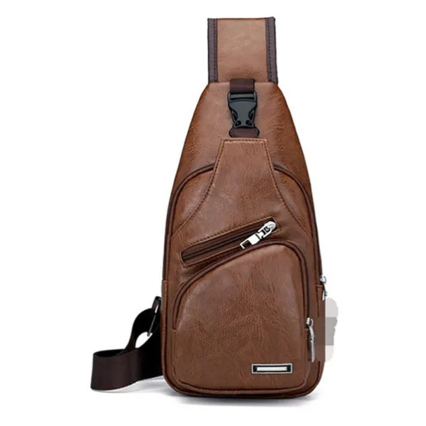 Brown Leather Crossbody Bag with Multiple Zippered Pockets for Men