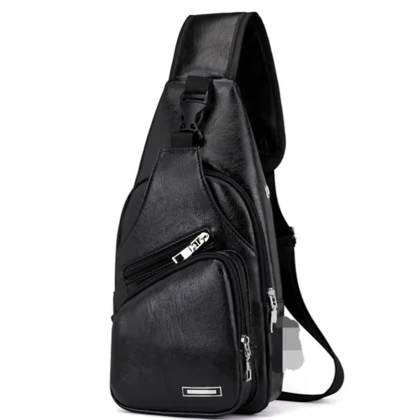 Brown Leather Crossbody Bag with Multiple Zippered Pockets for Men