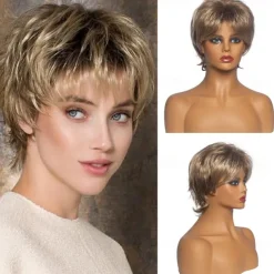 Brown Mix Blonde Curly Pixie Wigs for White Women Short Fluffy White Hair with Bangs Natural Synthetic Heat Resistant Wig