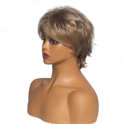 Brown Mix Blonde Curly Pixie Wigs for White Women Short Fluffy White Hair with Bangs Natural Synthetic Heat Resistant Wig