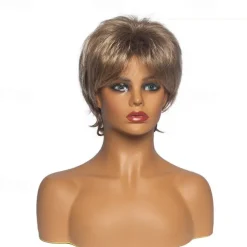Brown Mix Blonde Curly Pixie Wigs for White Women Short Fluffy White Hair with Bangs Natural Synthetic Heat Resistant Wig