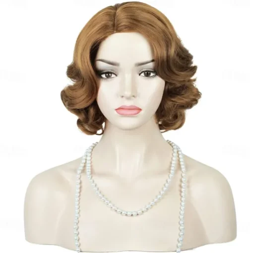 Brown 1920S Flapper Wavy Wig Finger Wavy Vintage Wig Side Parting 1960S Vintage Wig Curl Wavy Wig Cosplay Wig Platinum Wig Vintage Wig for Lady Costume Wig(Only Wigs) Halloween Wigs