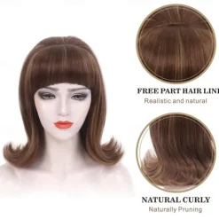 Brown 60s Retro Beehive Wigs for Women 70s Classic Style Cosplay Wig With Bang for Party Carnival Use Costume Cosplay Brown Highlight Halloween Wigs
