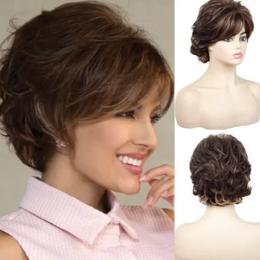 Brown Short Wigs for White Women, Brown Wig with Bangs Short Curly Pixie Cut Wigs Charming Synthetic Layered Wavy Wigs For Old Lady