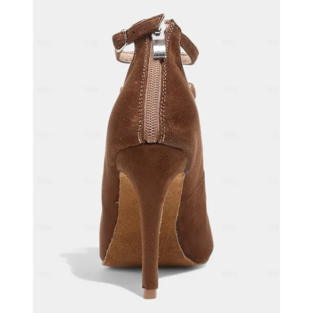 Brown Suede Strappy High Heel Dance Shoes for Women – Elegant Closed Toe Latin Ballroom Practice Pumps