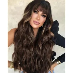 Brown Wig with Bangs for Women Long Wavy Hair Wig Brown Highlight Wig Curly Wavy Synthetic Wigs for Girls Daily Party Use Halloween Wigs