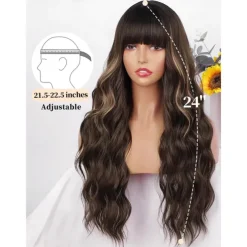 Brown Wig with Bangs for Women Long Wavy Hair Wig Brown Highlight Wig Curly Wavy Synthetic Wigs for Girls Daily Party Use Halloween Wigs