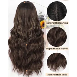 Brown Wig with Bangs for Women Long Wavy Hair Wig Brown Highlight Wig Curly Wavy Synthetic Wigs for Girls Daily Party Use Halloween Wigs