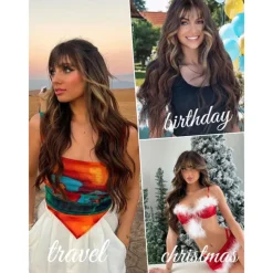 Brown Wig with Bangs for Women Long Wavy Hair Wig Brown Highlight Wig Curly Wavy Synthetic Wigs for Girls Daily Party Use Halloween Wigs