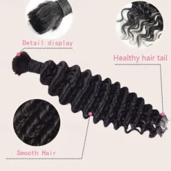 Bulk Hair Human Hair Braiding No Weft Remy Bulk For Braiding Color 1B# Deep Wave 1PCS Hair Extensions 10-28Inch Crochet Braids