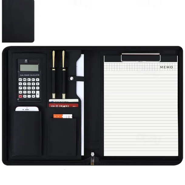 Business Bag Vegan Leather Business Portfolio with Zipper Padfolio All-in-One. Smartest Protective Tablet Sleeve, Presentation Slot, Calculator, Card Storage, Writing Pad