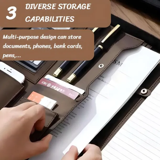 Business Bag Vegan Leather Business Portfolio with Zipper Padfolio All-in-One. Smartest Protective Tablet Sleeve, Presentation Slot, Calculator, Card Storage, Writing Pad